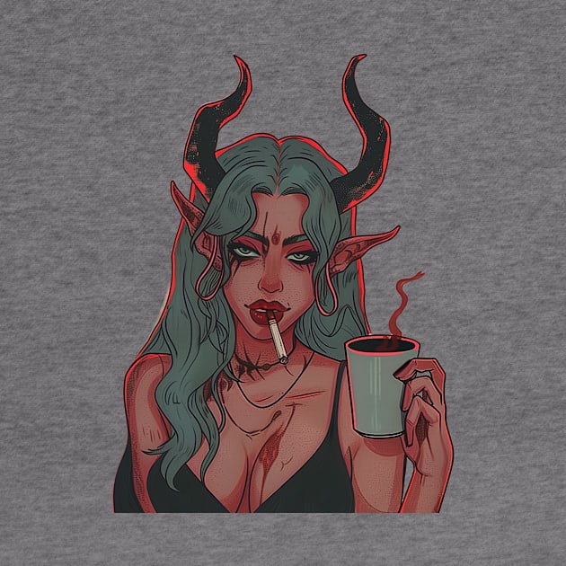 Devil Girl Smoking Cigarette and Coffee by Vlaa